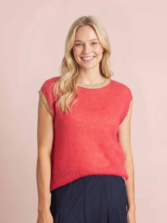 Rosie Knitted Tank Top with Lurex Trim in Cerise Pink with a relaxed fit and gold lurex edging at the crew neckline and cap sleeves
