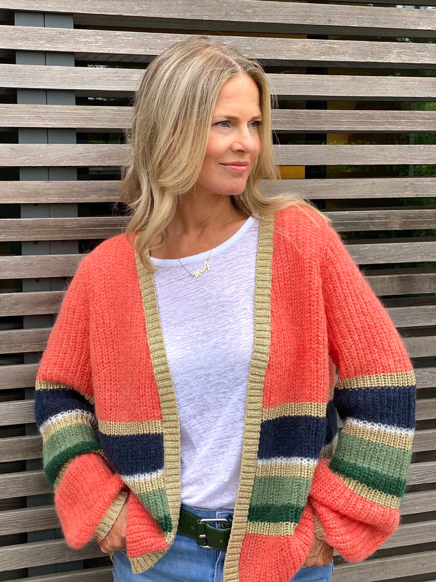 Women's Colourful Striped Cardigan with Gold Lurex Trim in Orange