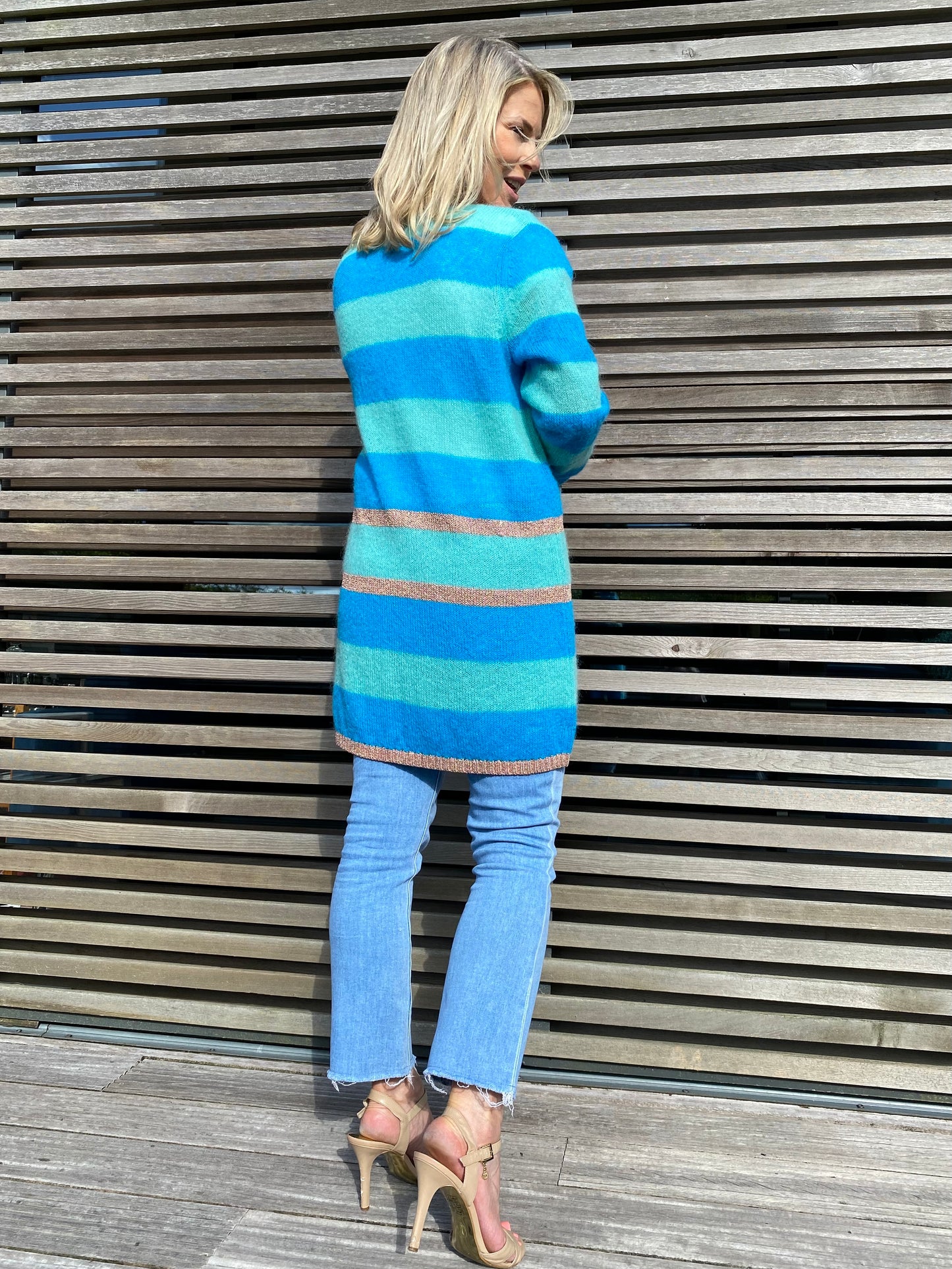 Women's Long Striped Cardigan in  in Aqua Blue and Turquoise with Rose Gold Lurex Trim