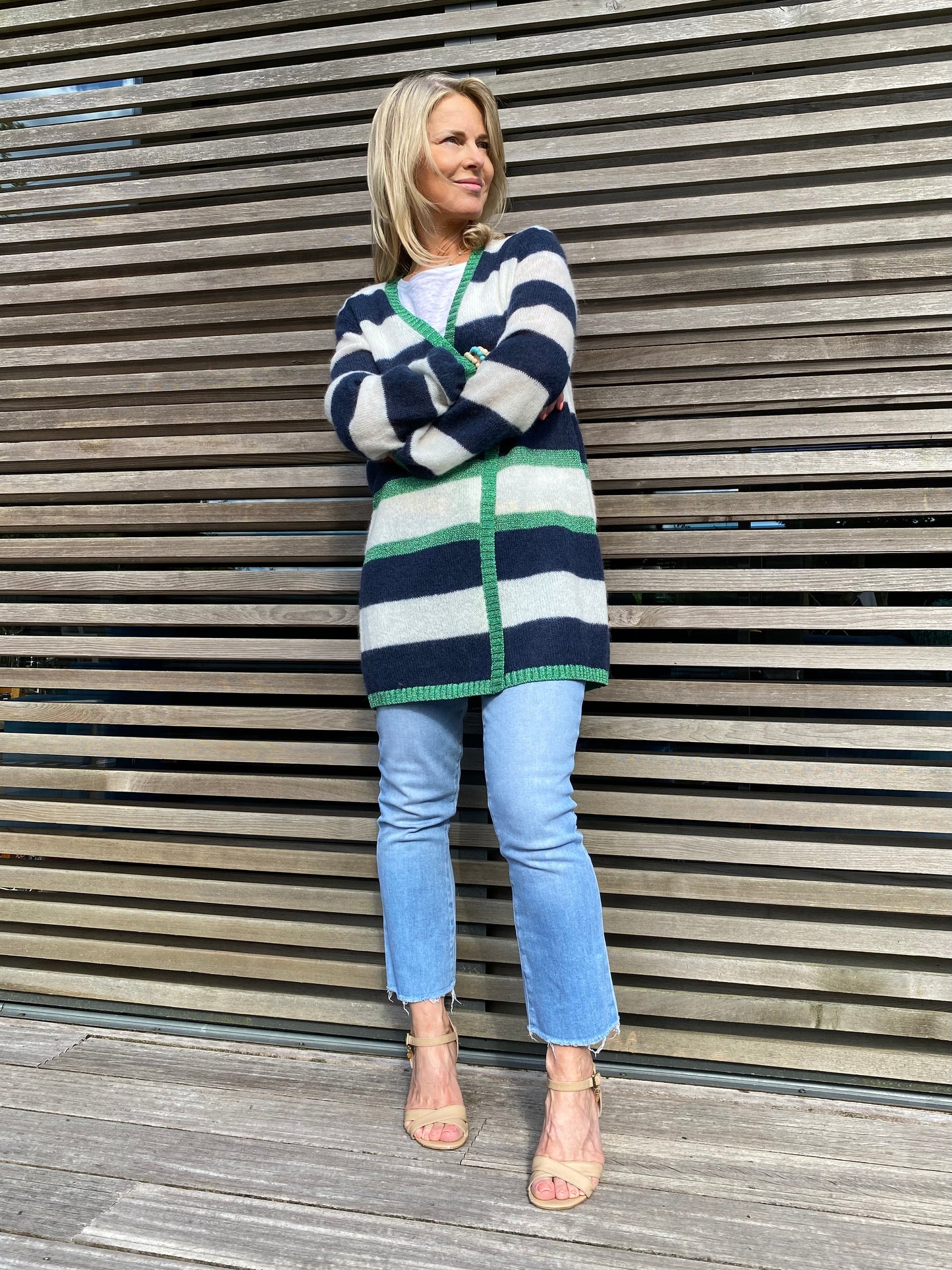 Women's Long Striped Cardigan - Navy and Ivory with Emerald Lurex Trim