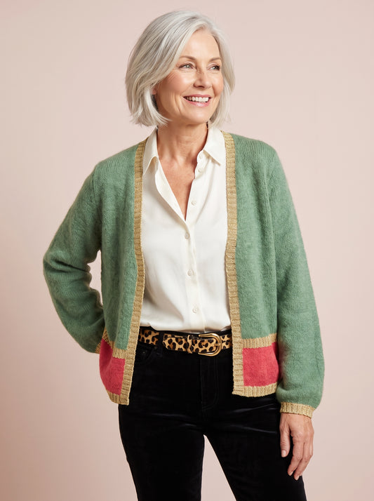 Sophie Cardigan with Lurex Trim in Olive Green with Cerise colour block panels and gold lurex edging with a V neck and relaxed fit