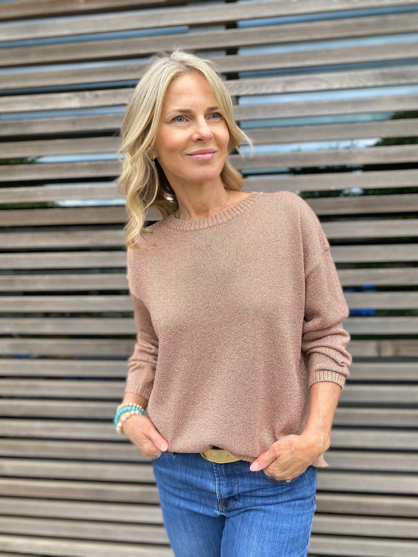 Women's Shimmering Lurex Long Sleeve Top in Rose Gold