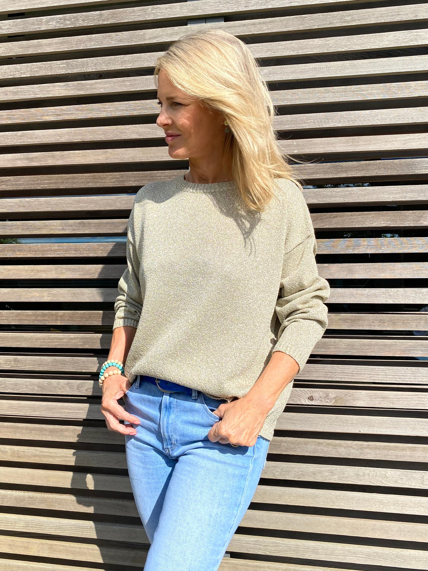 Women's Shimmering Lurex Long Sleeve Top in Champagne