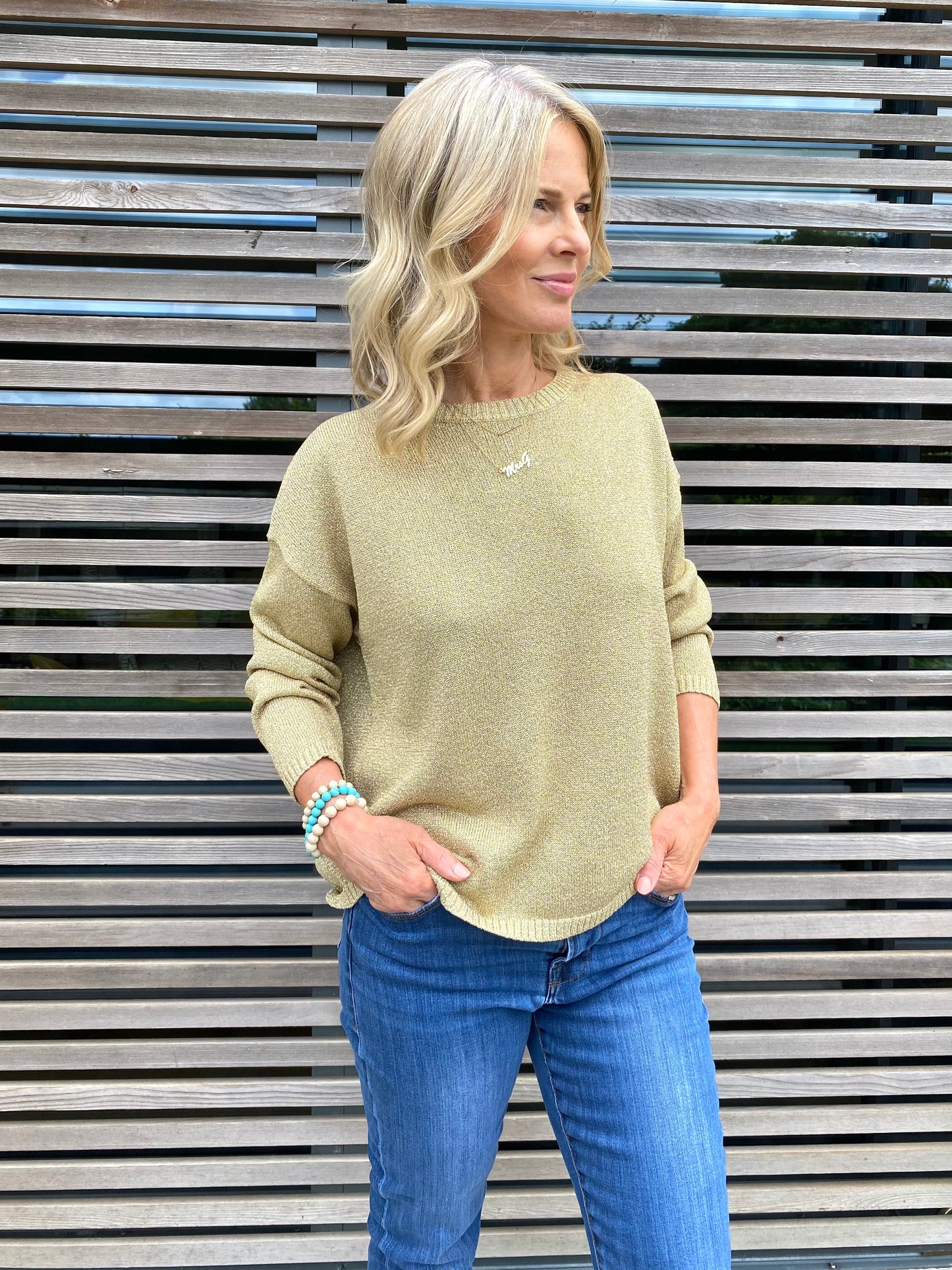 Women's Shimmering Lurex Long Sleeve Top in Gold