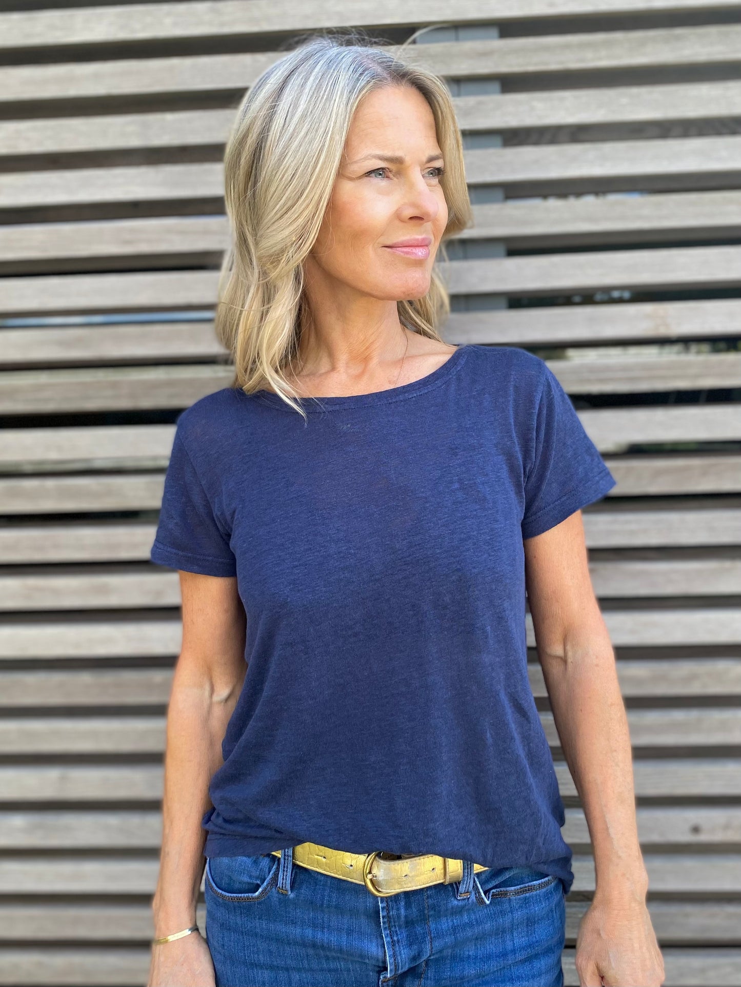 Women's Short Sleeve Pure Linen Tee Navy Blue