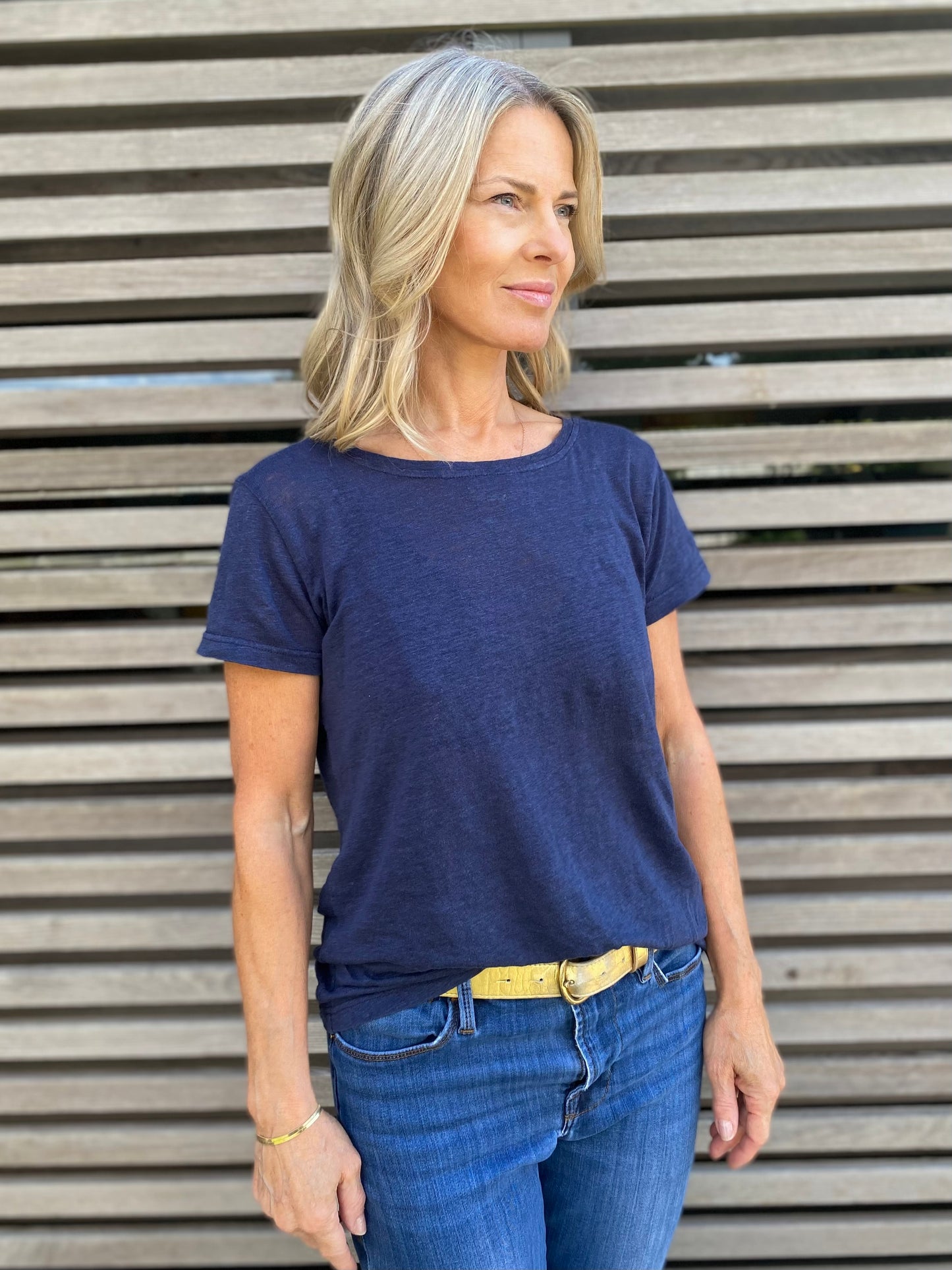 Kate Short Sleeve Pure Linen Tee Navy Blue