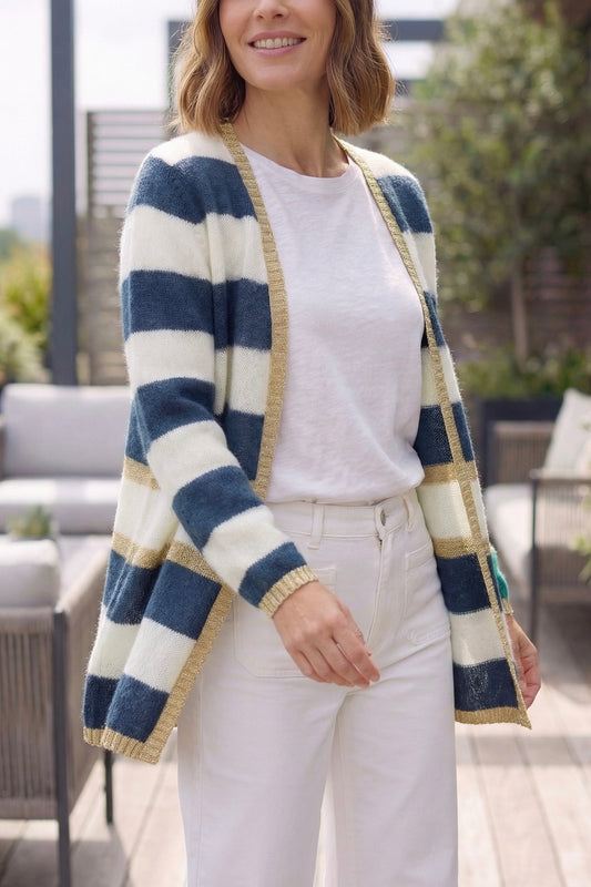 Women's Long Striped Cardigan - Navy and Ivory with Gold Lurex Trim