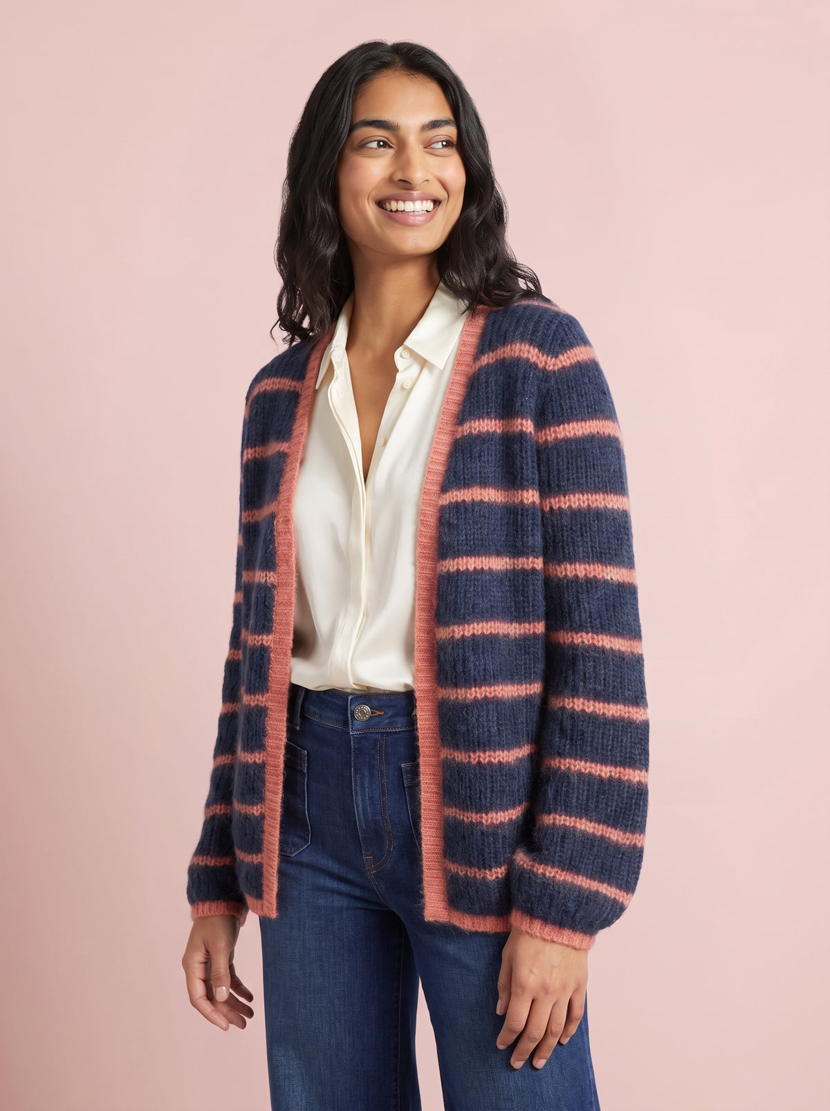Lizzy Striped Chunky Knitted Cardigan in Navy Blue with Orange Stripe featuring an open front relaxed fit long sleeves and ribbed trim