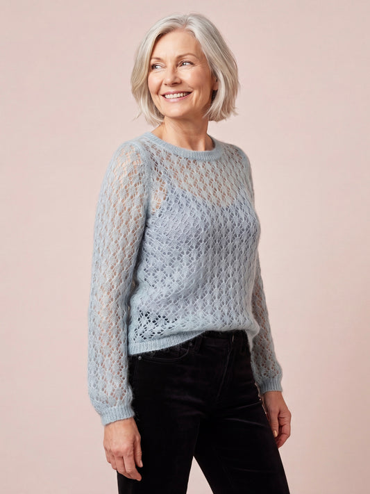 Olivia Pointelle Mohair & Merino Knit Top - Full Sleeves in Dusky Blue with airy openwork detailing and a ribbed crew neck cuffs and hem