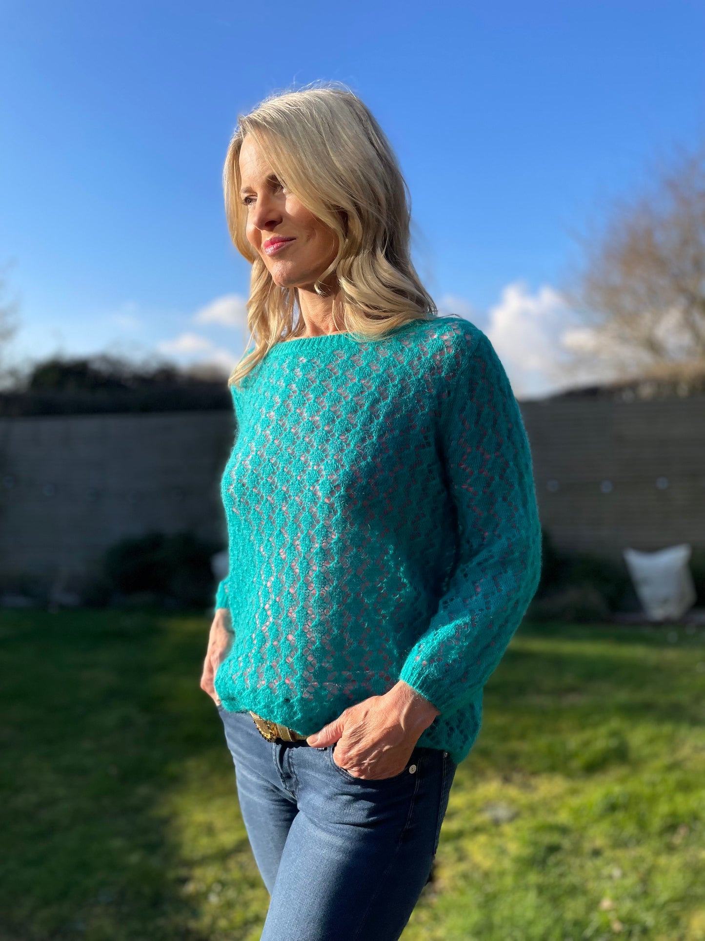 Women’s Pointelle Knit Ladies Jumper with 3/4 sleeve - Aqua Blue