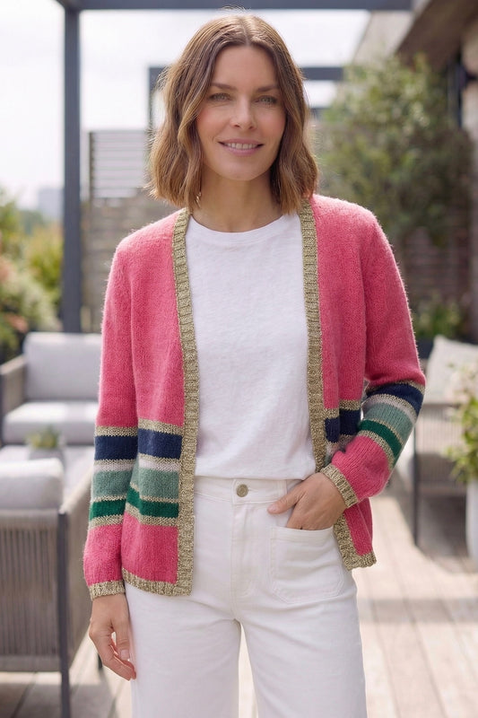 Women’s Colourful Striped Cardigan with Gold Lurex Trim - Pink