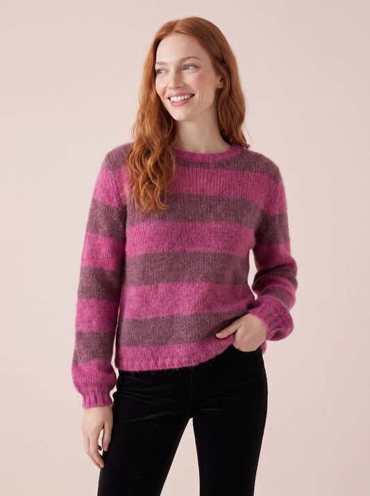 Sasha Chunky Mohair & Merino Striped Knit women's Jumper in Raspberry Pink and Plum with a soft fuzzy texture crew neck and relaxed fit