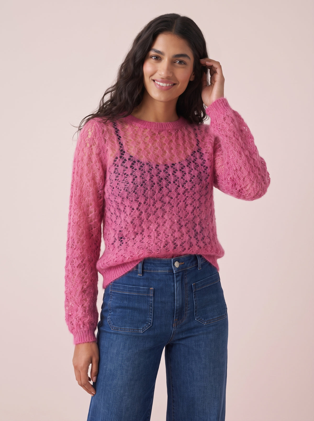 Olivia Pointelle Mohair & Merino Knit Top - Full Sleeves in Raspberry with airy openwork knit pattern soft fuzzy texture crew neck and ribbed trims
