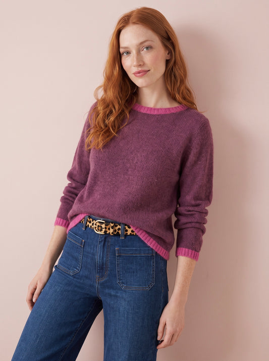 Molly Knitted relaxed fit jumper with Tonal Trim in Plum and Raspberry pink in a relaxed fit with a crew neck