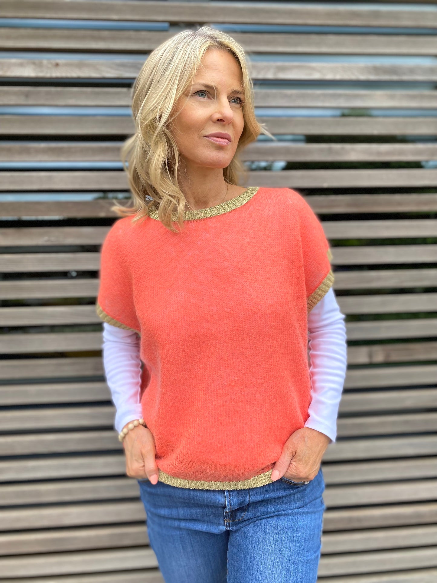 Women's Colourful Knitted Tank Top in Orange with Gold Lurex Trim