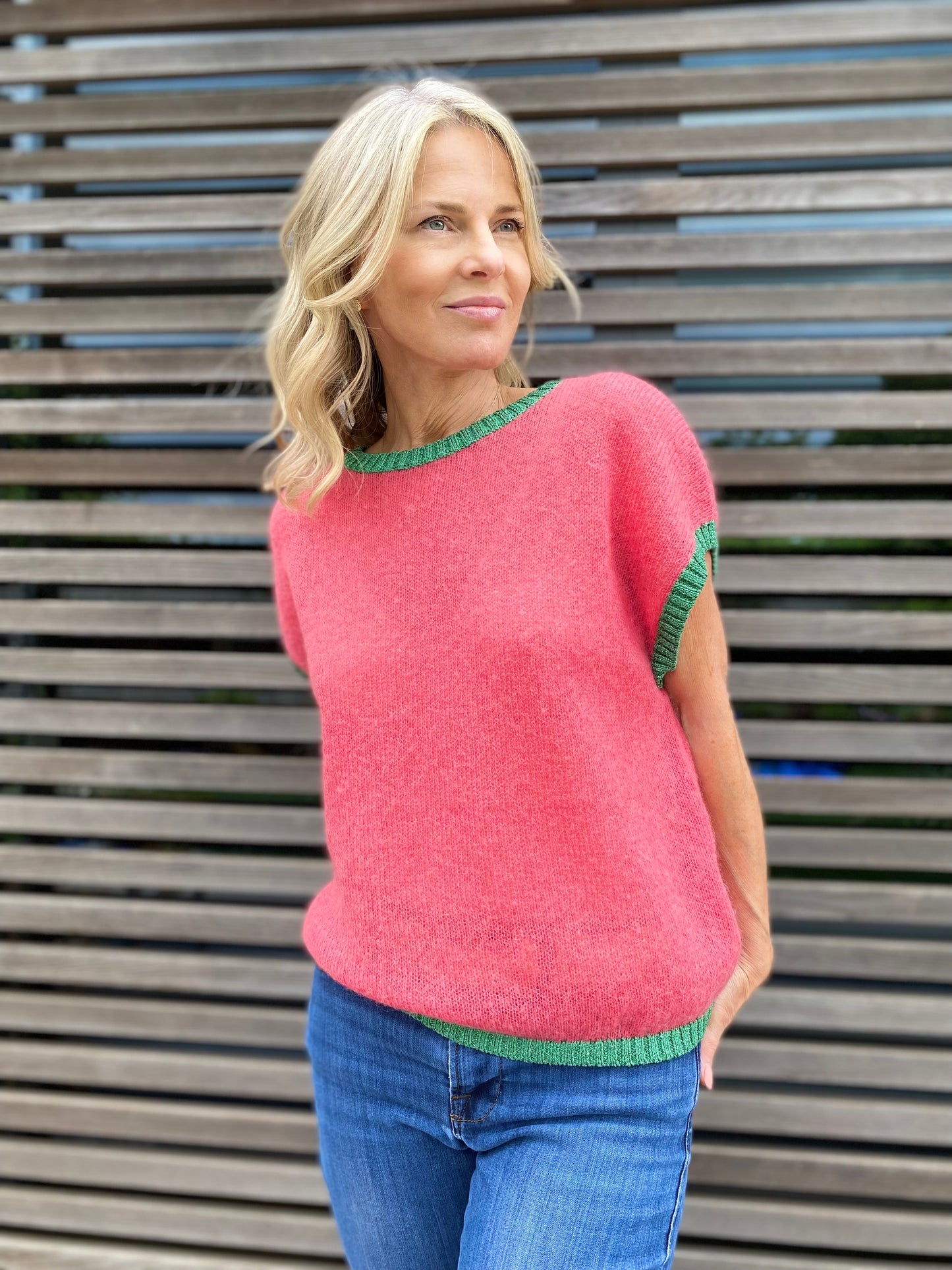 Women's Colourful Knitted Tank Top in Pink with Emerald Green Lurex Trim