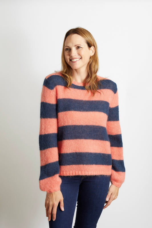 Woman's Chunky Knit Striped Jumper - Orange and Navy Blue