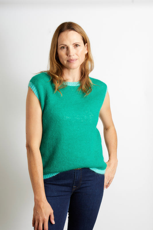 Woman's Knitted Tank Top Slipover - Emerald Green with Turquoise Trim