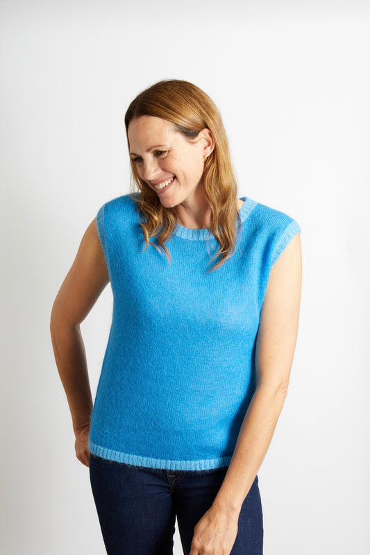 Woman's Knitted Tank Top Slipover - Azure Blue with Pale Blue Trim