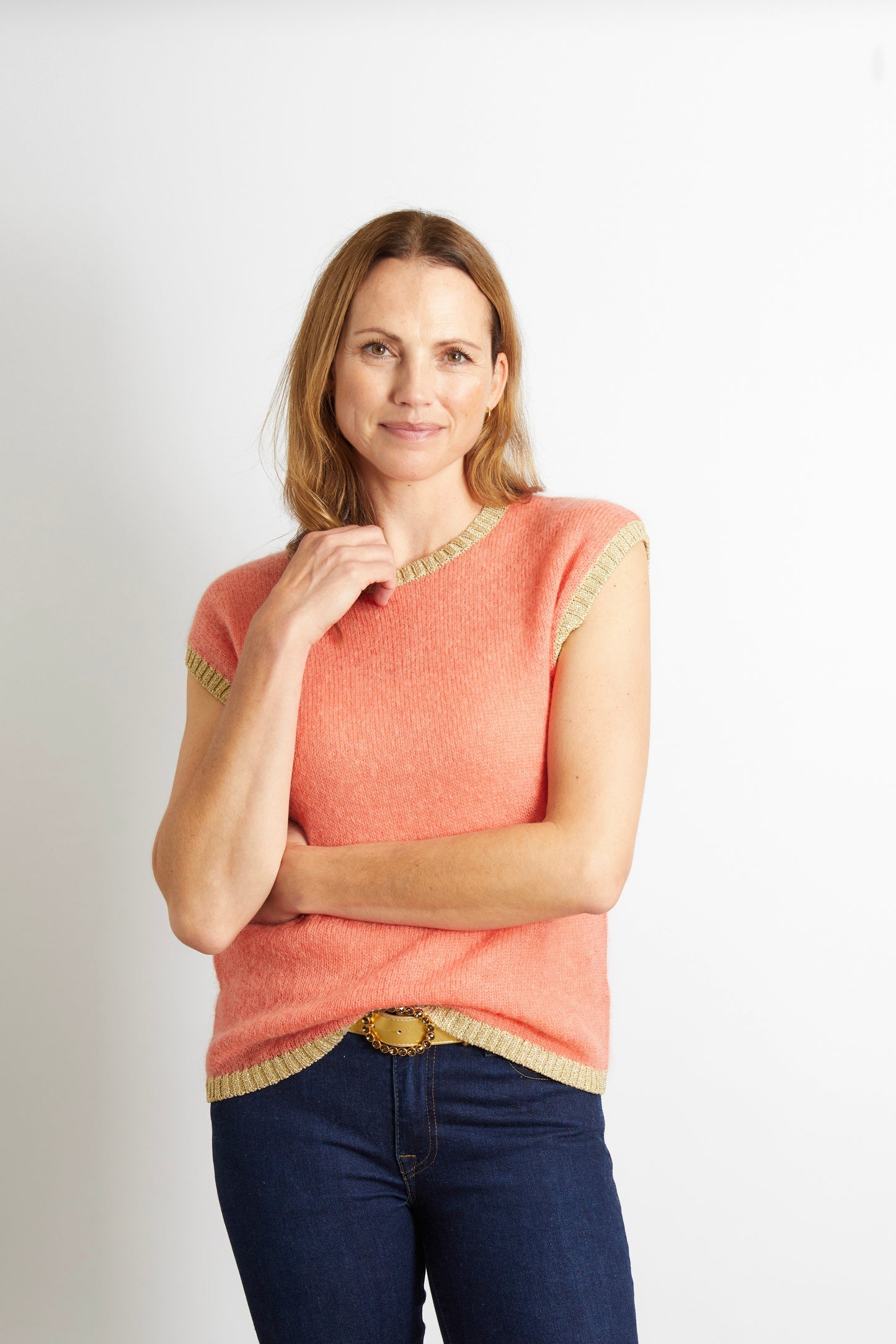 Women’s Knitted Tank with Gold Sparkle Lurex Trim - Orange