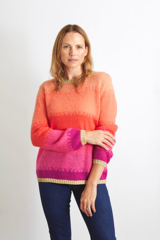 Woman’s Ombre Effect Jumper with Gold Sparkle Lurex Trim in Sunset, Red, Pink and Orange