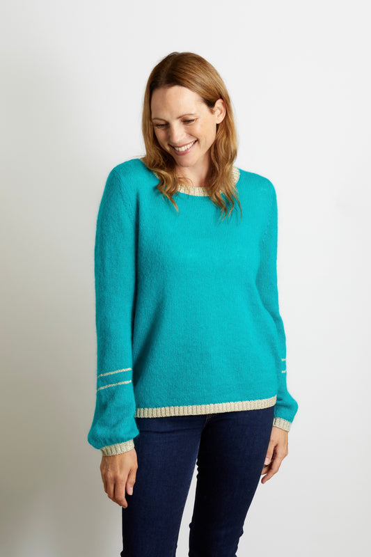 Woman's Jumper with Gold Sparkle Lurex Trim - Teal Blue