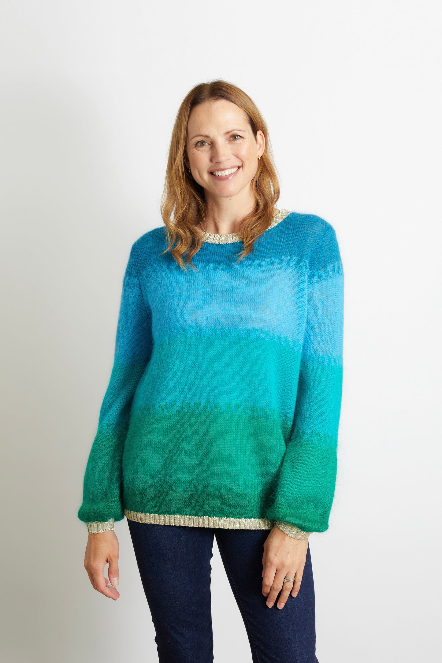 Women's Ombre Effect Jumper with Champagne Sparkle Lurex Trim in Aqua, Blue, Turquoise and Green