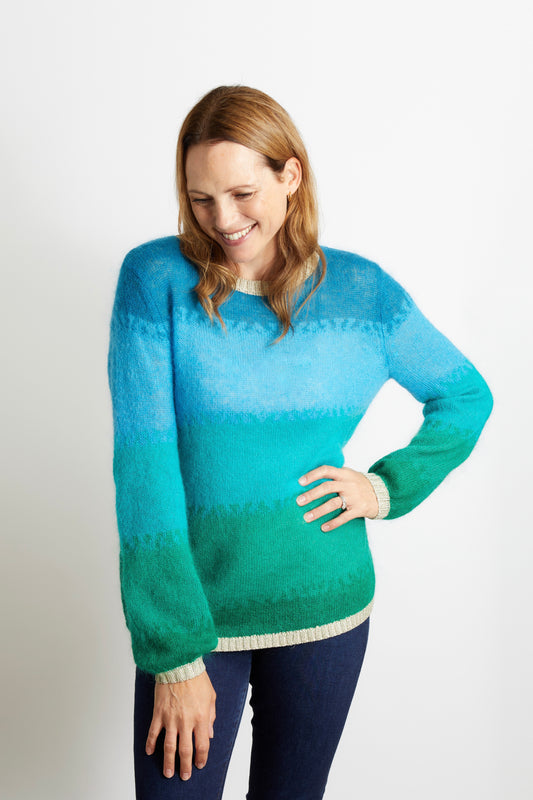 Woman's Ombre Effect Jumper with Champagne Sparkle Lurex Trim in Aqua, Blue, Turquoise and Green