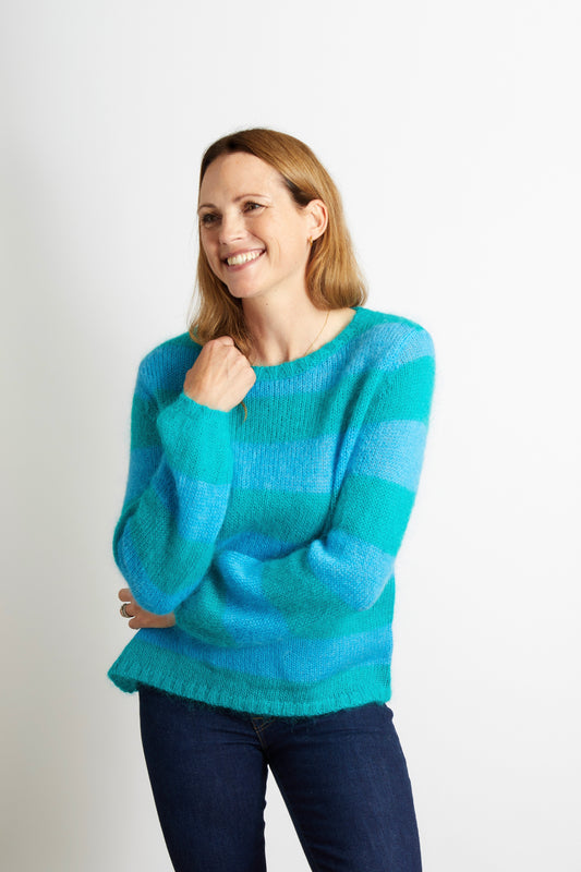 Woman's Chunky Knit Striped Jumper - Teal and Azure Blue
