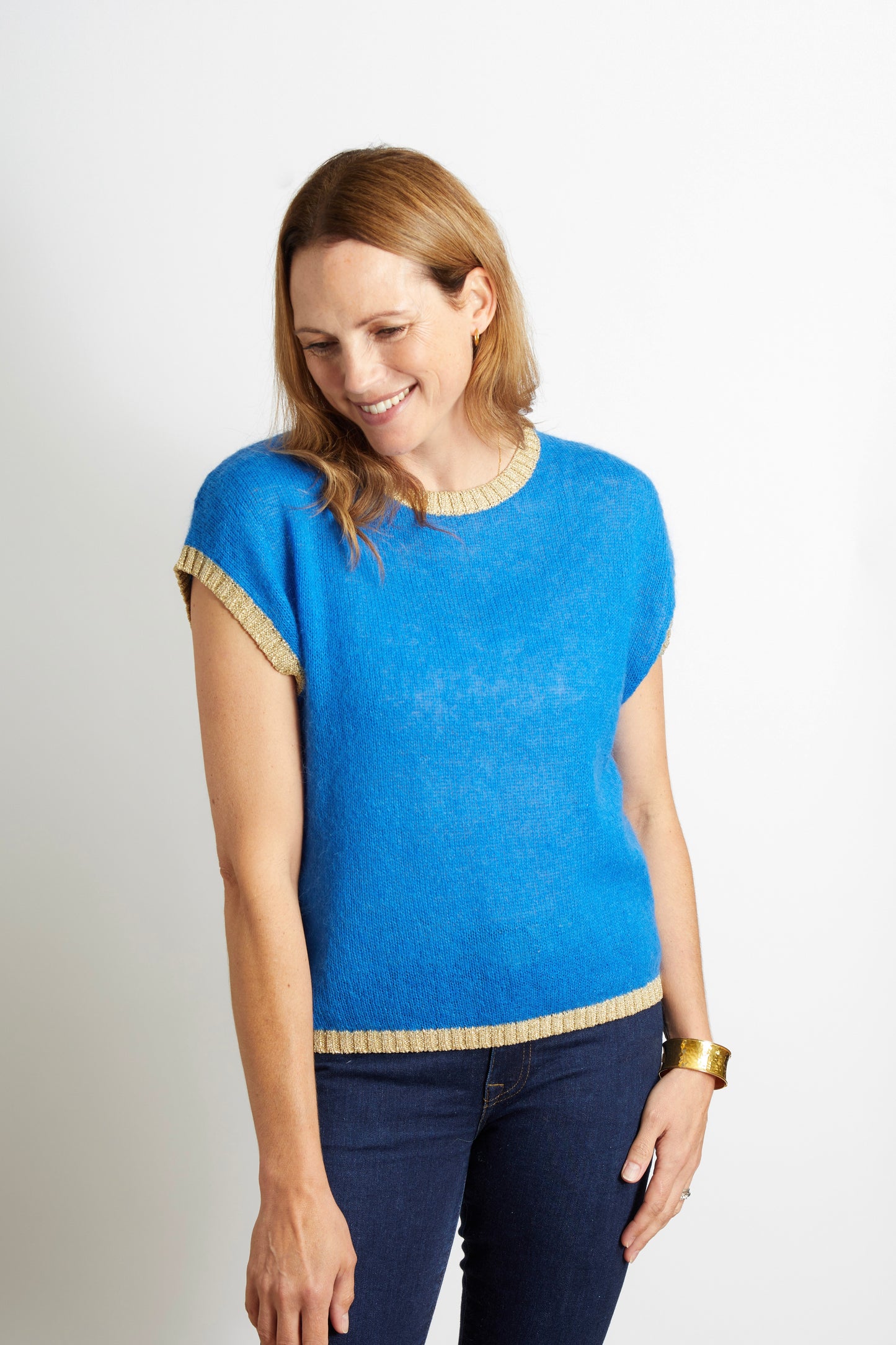 Woman's Colourful Knitted Tank Top in Royal Blue with Gold Lurex Trim