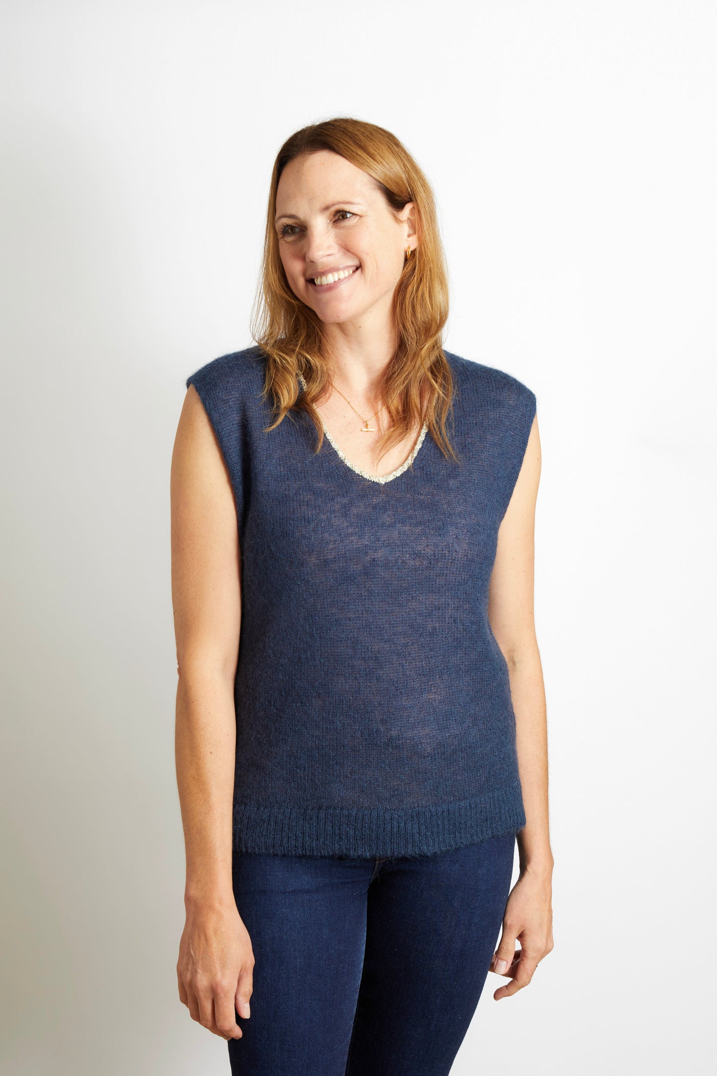 Women’s Knitted V-Neck Tank with Gold Sparkle Lurex Trim - Navy Blue