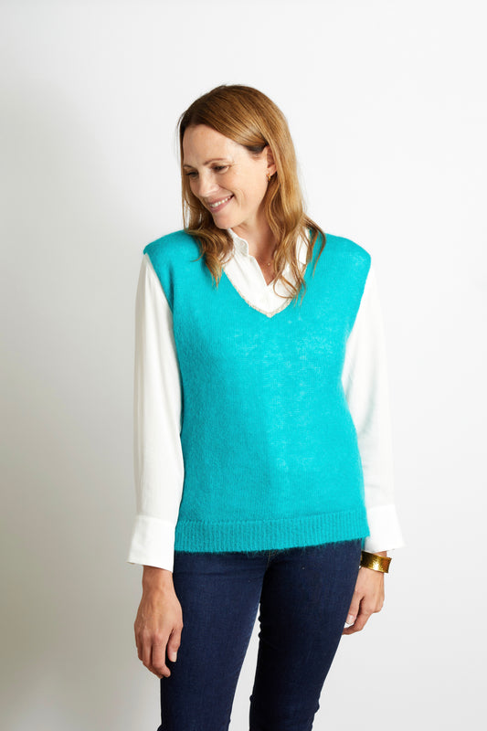 Women’s Knitted V-Neck Tank with Gold Sparkle Lurex Trim - Teal Blue