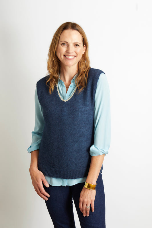 Women’s Knitted V-Neck Tank with Gold Sparkle Lurex Trim - Navy Blue