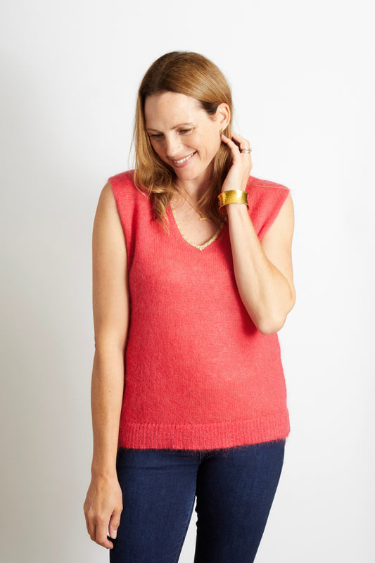 Women’s Knitted V-Neck Tank with Gold Sparkle Lurex Trim - Cerise Pink