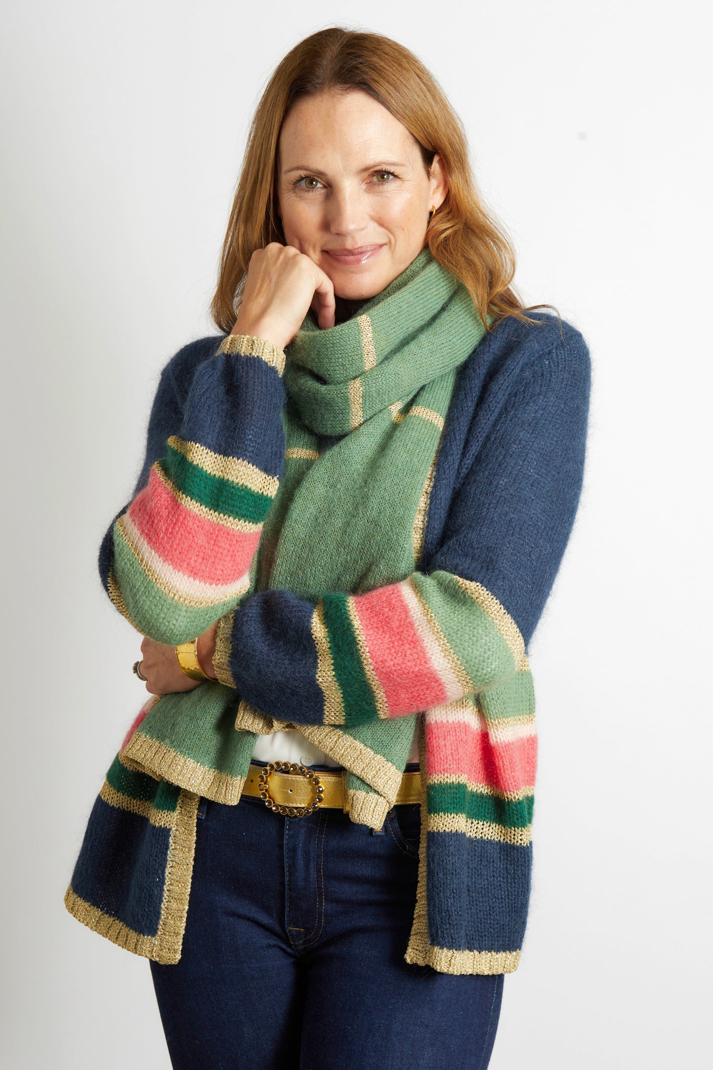Women’s Colourful Striped Cardigan with Olive Green Scarf with Gold Sparkle Lurex Trim