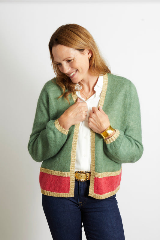 Woman's Cardigan with Gold Sparkle Lurex Trim - Oliver Green with Cerise Pink Stripe
