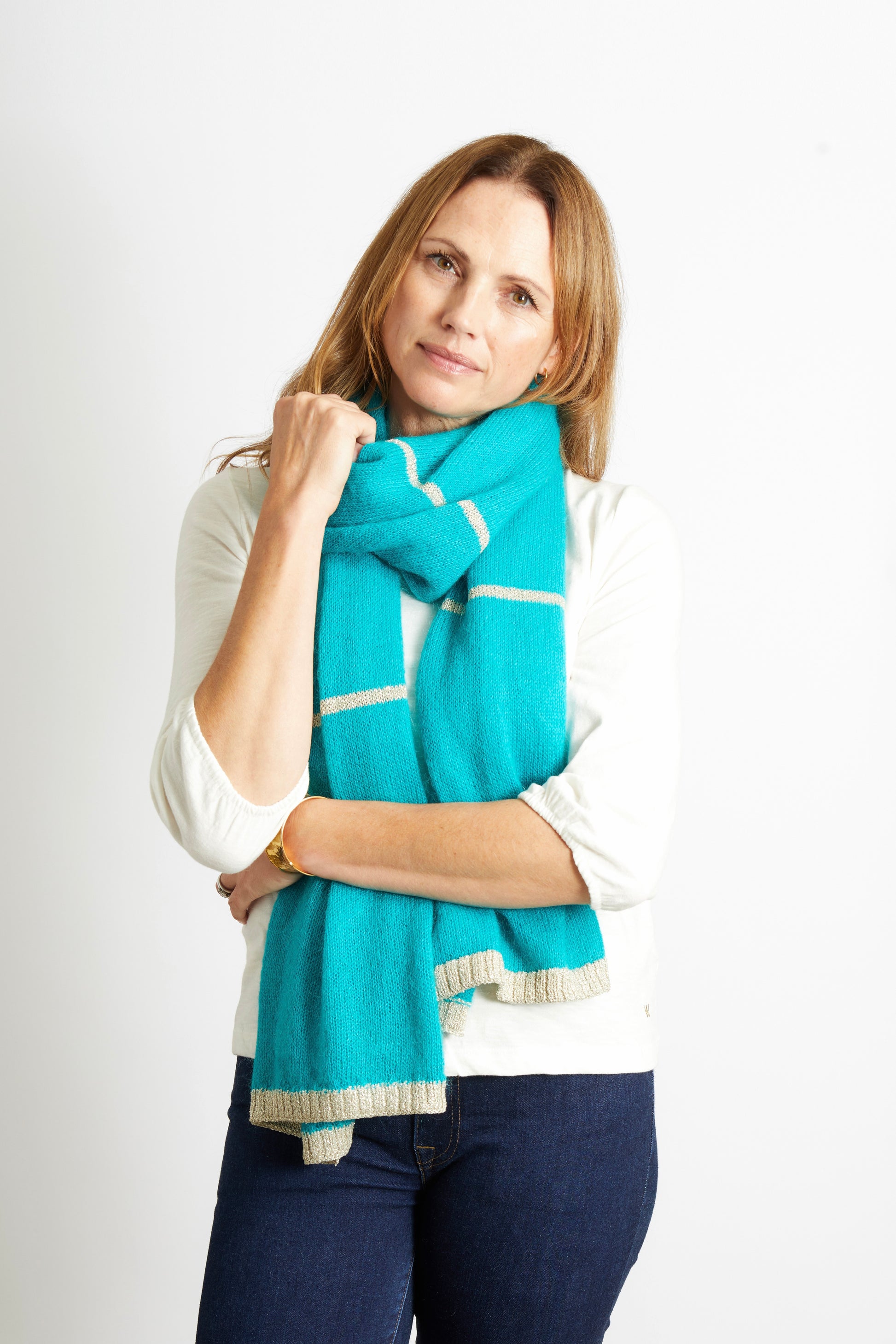 Woman's Scarf with Gold Sparkle Lurex Trim - Teal Blue