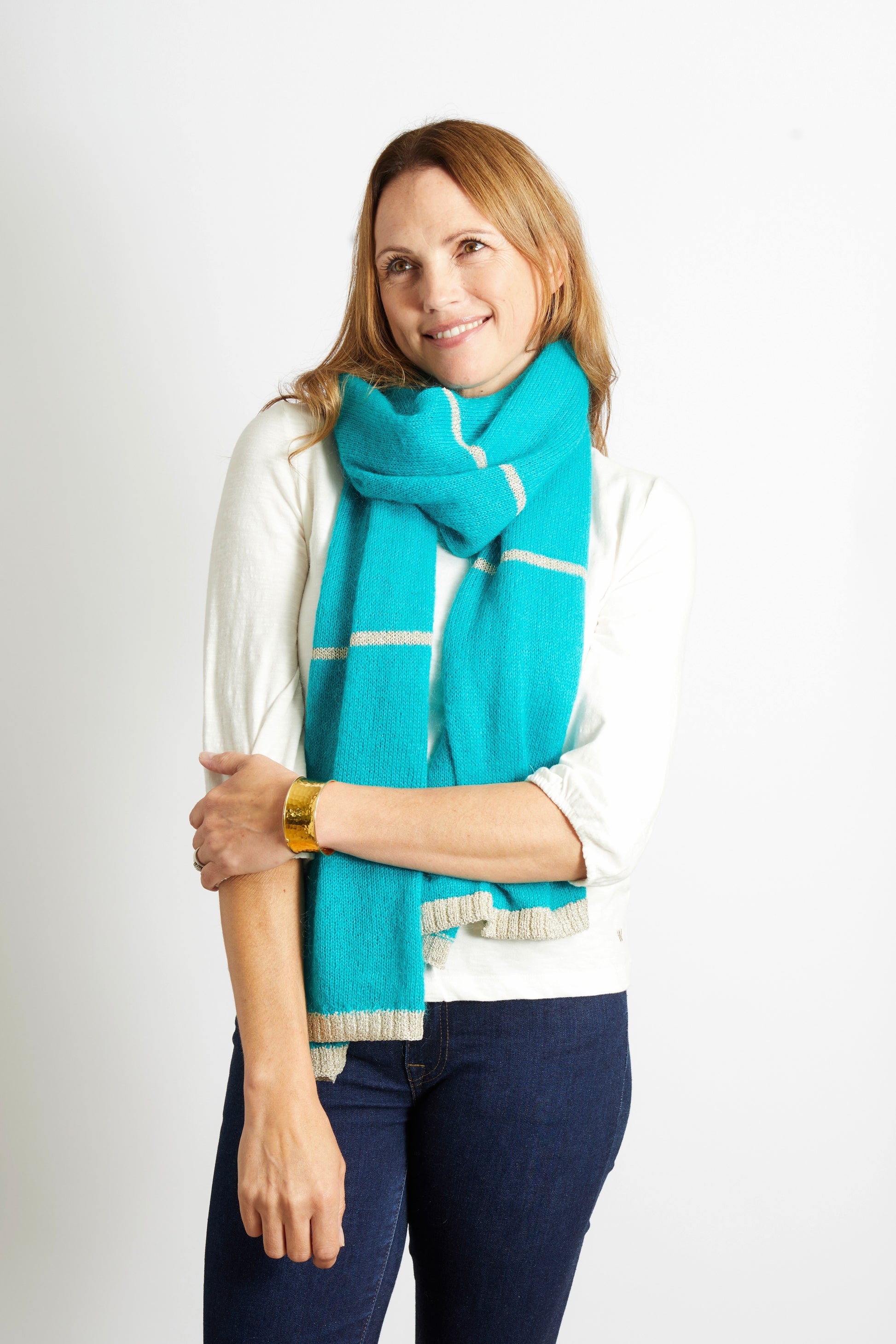 Woman's Scarf with Gold Sparkle Lurex Trim - Teal Blue