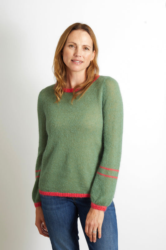 Woman's Jumper with Contrast Colour Trim - Olive Green with Pink Stripe