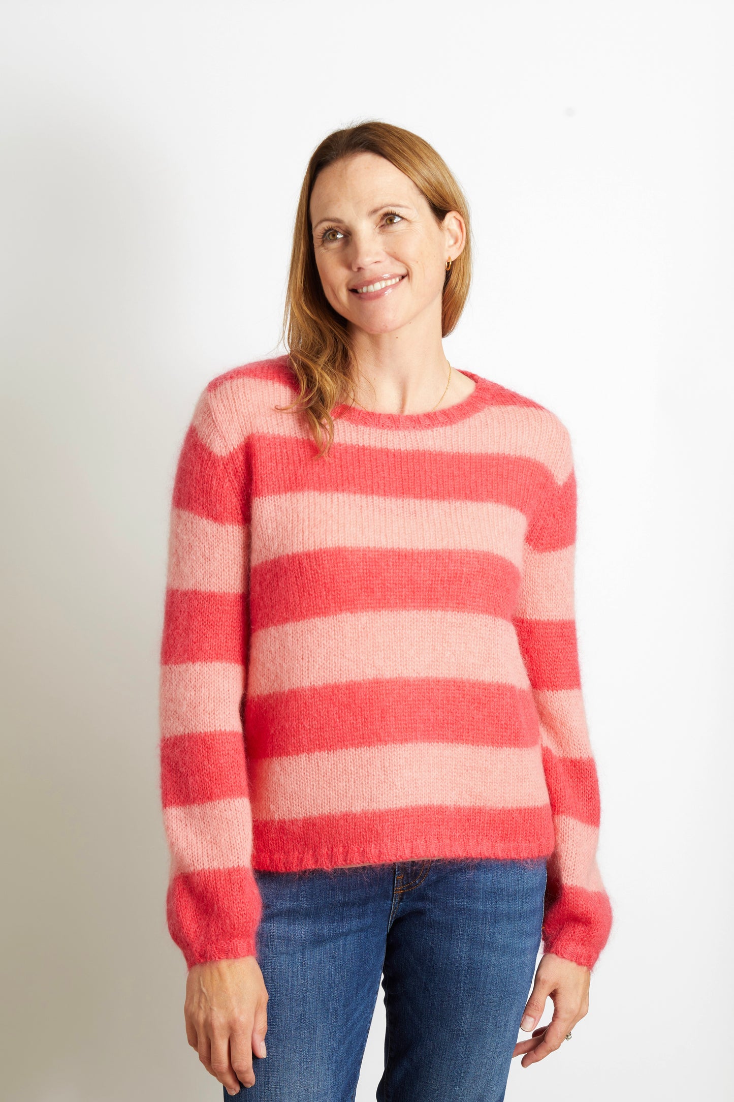 Woman's Chunky Knit Striped Jumper - Cerise Pink and Pale Pink