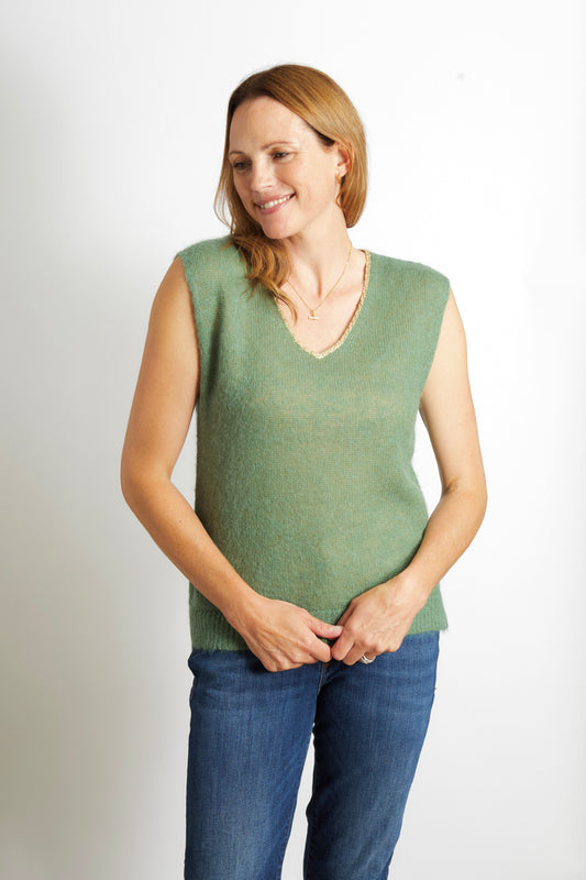 Women’s Knitted V-Neck Tank with Gold Sparkle Lurex Trim - Oliver Green
