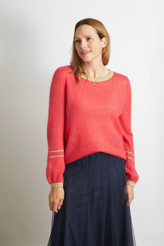 Woman's Jumper with Gold Sparkle Lurex Trim - Cerise Pink