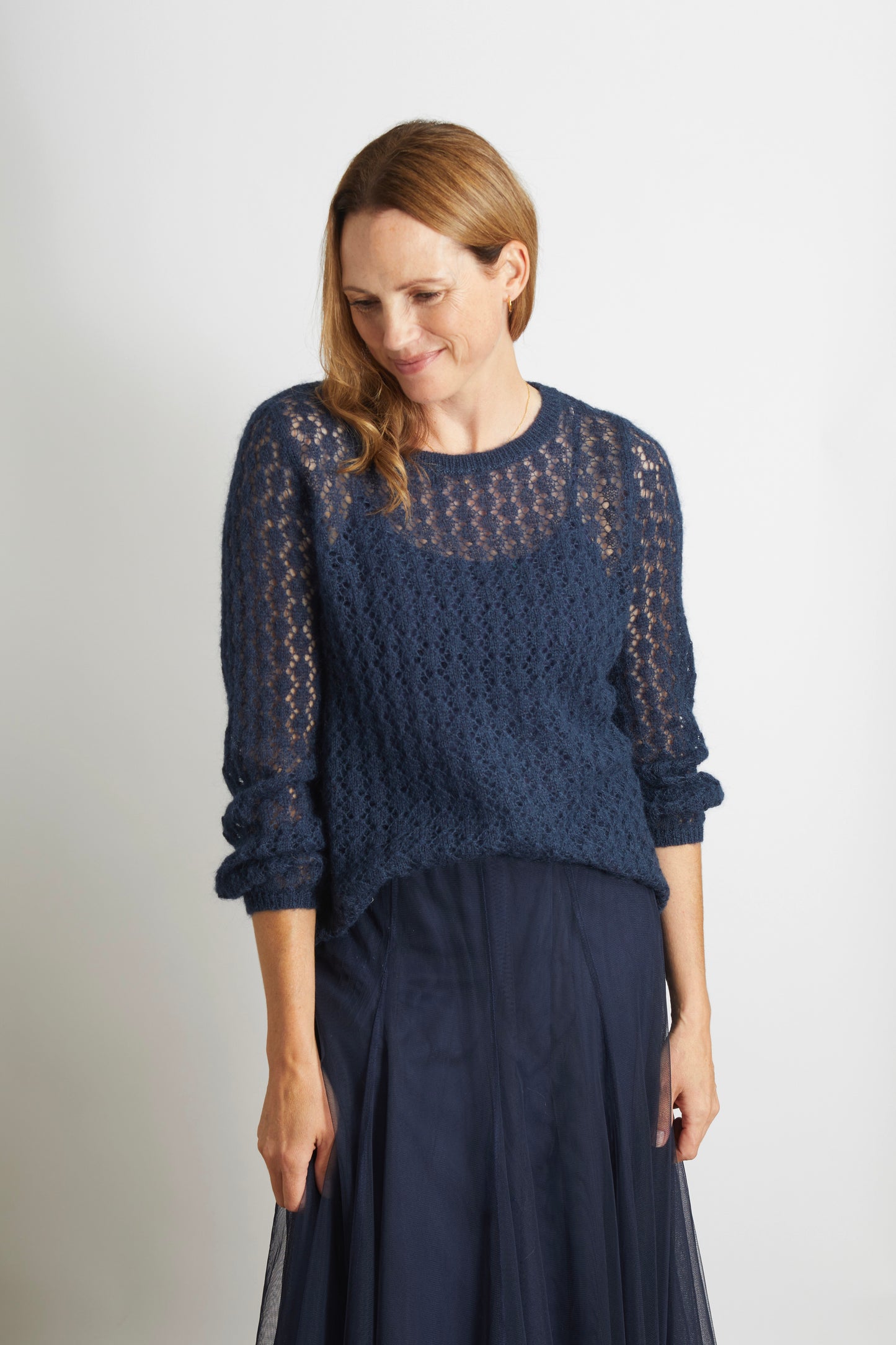 Olivia Pointelle Knit Ladies Jumper with 3/4 Sleeve - Teal Blue