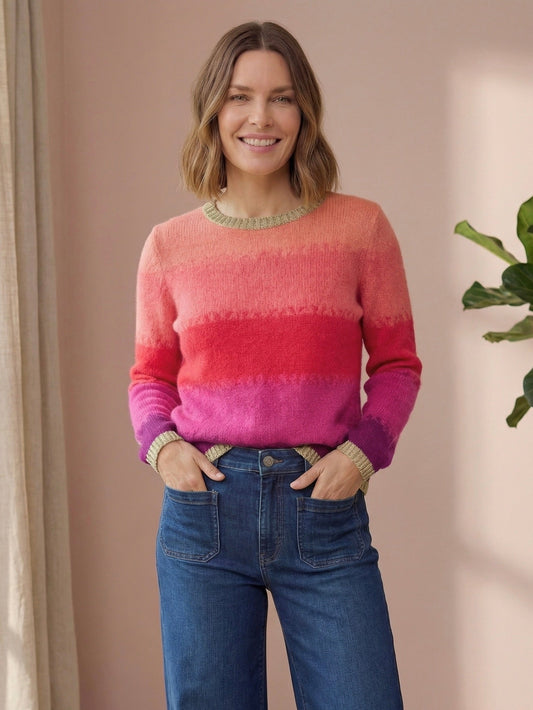 Colourful ombre mohair merino jumper in orange, coral pink fuchsia and purple with gold lurex trim at the crew neck and cuffs
