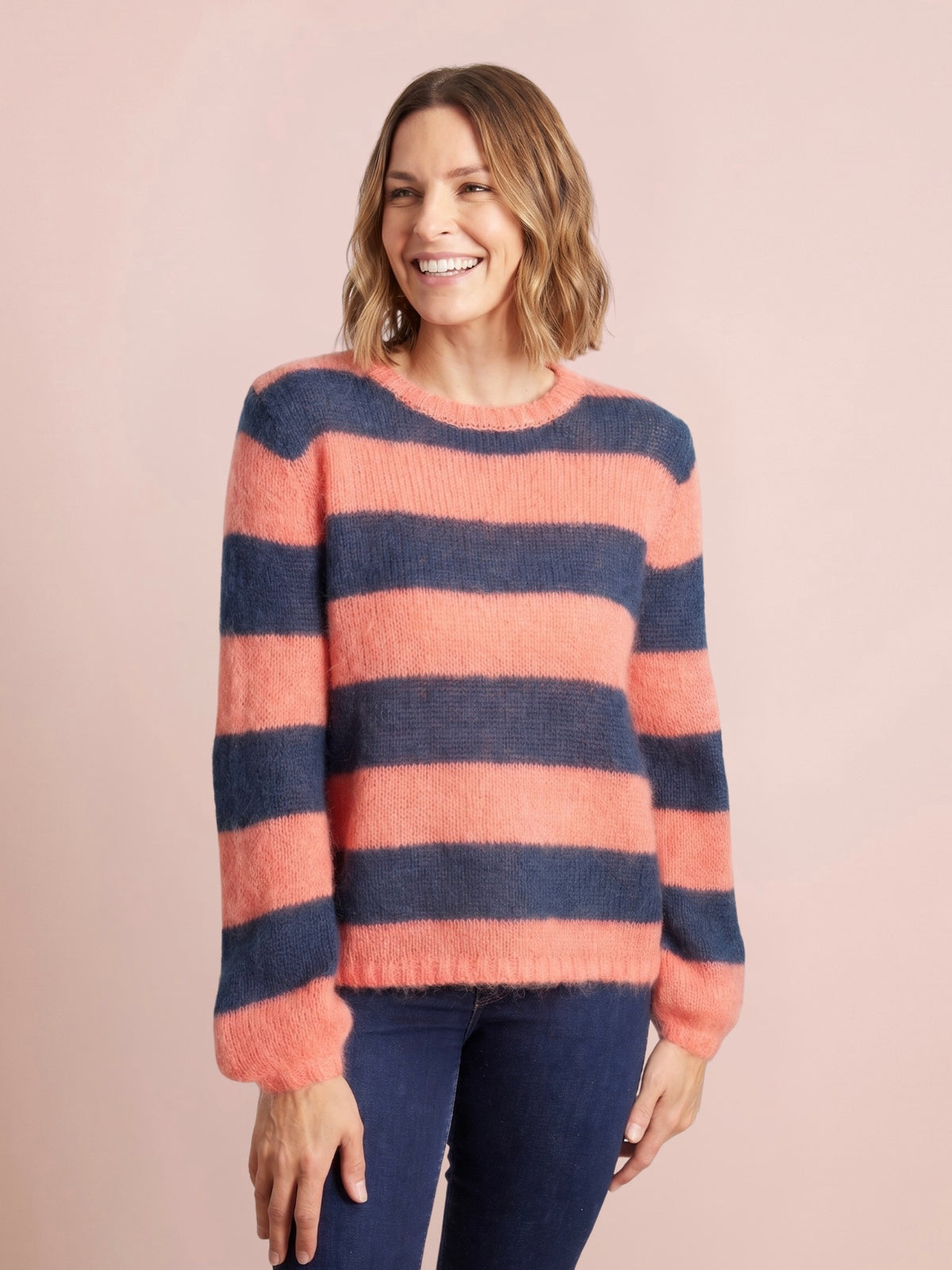 Sasha chunky striped mohair and merino jumper in orange and navy blue by cosy em
