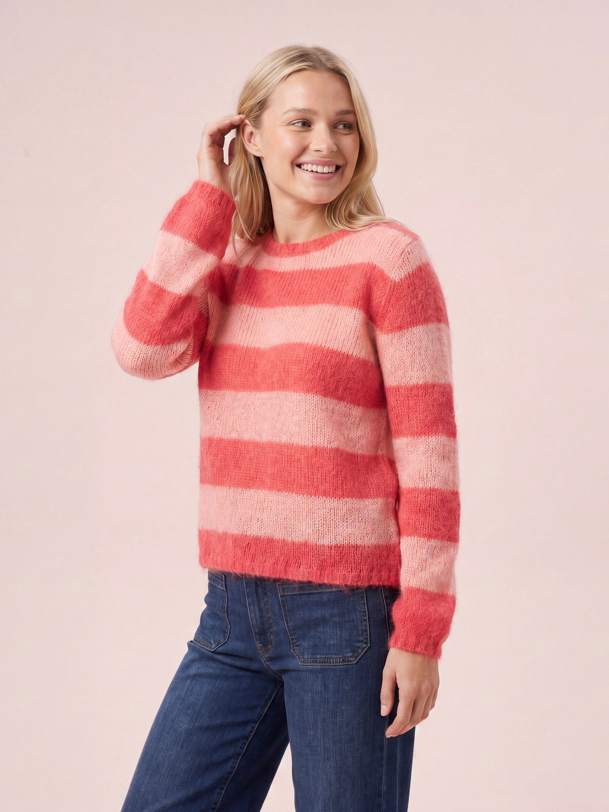 Sasha Chunky Mohair & Merino Striped Knit women's Jumper in Cerise Pink and Pale Rose Pink with horizontal stripes crew neck long sleeves and a relaxed fit