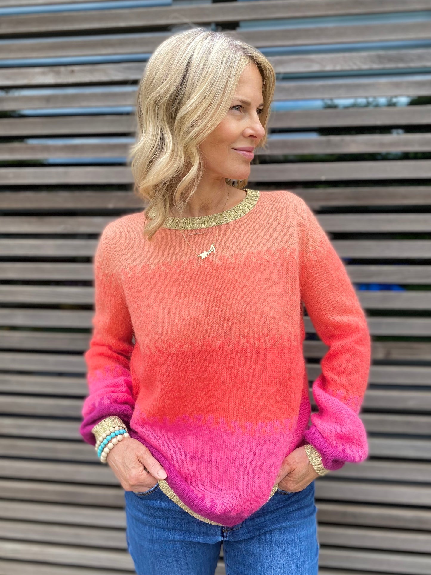 Amelia Sunset Ombre Jumper with Gold Lurex Trim