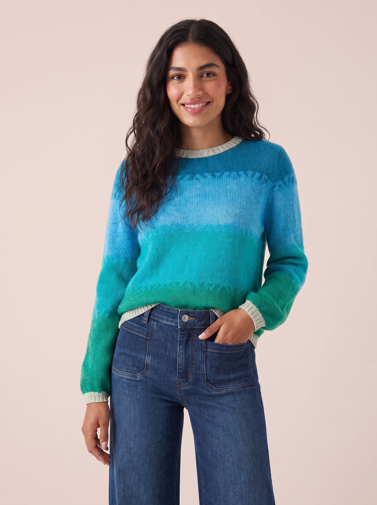 Turquoise, teal and green ombre knitted jumper with subtle textured stripes and silver gold lurex trim at the crew neck and cuffs