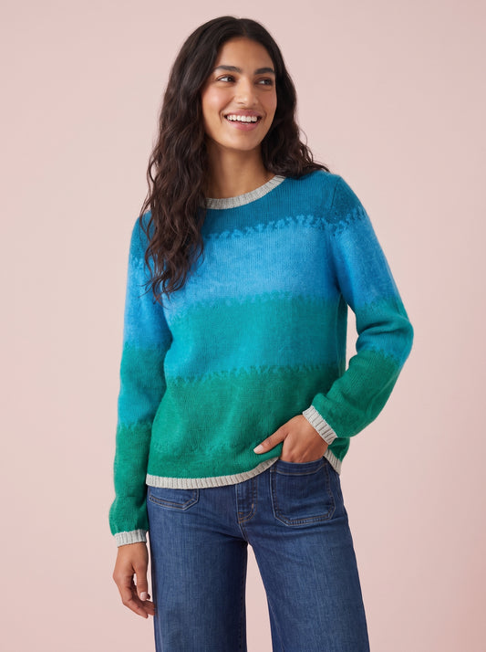 Turquoise, teal and green ombre knitted jumper with subtle textured stripes and silver gold lurex trim at the crew neck and cuffs