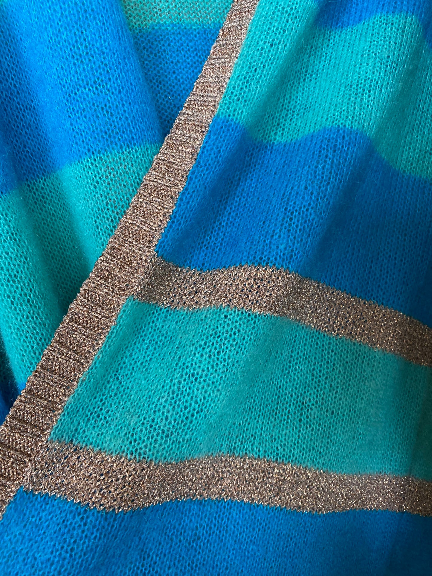 Elizabeth Long Striped Cardigan in Aqua Blues with Rose Gold Lurex Trim